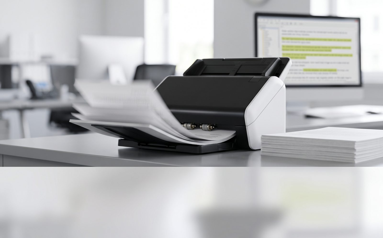 Hochleistungsscanner mit automatischem Einzug beim Digitalisieren eines Dokumentenstapels, im Hintergrund ein Monitor mit hervorgehobenem OCR-Text