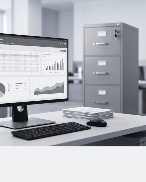 Gesicherter Arbeitsplatz mit Workstation und abschließbarem Metall-Aktenschrank
