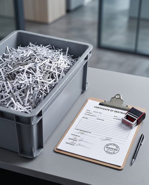 Behälter mit geschredderten Papierstreifen neben einem unterschriebenen Vernichtungsprotokoll