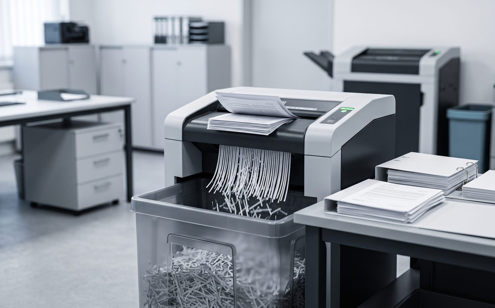 Professioneller Aktenvernichter beim Schreddern eines Dokumentenstapels im Büro